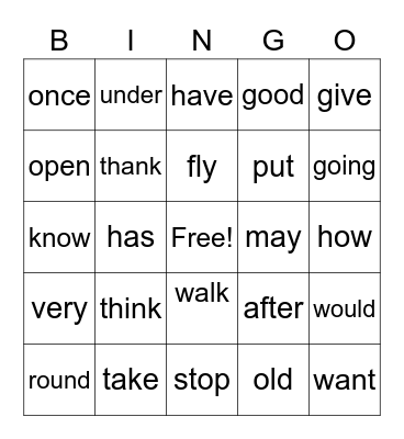 Sight Word Bingo Card