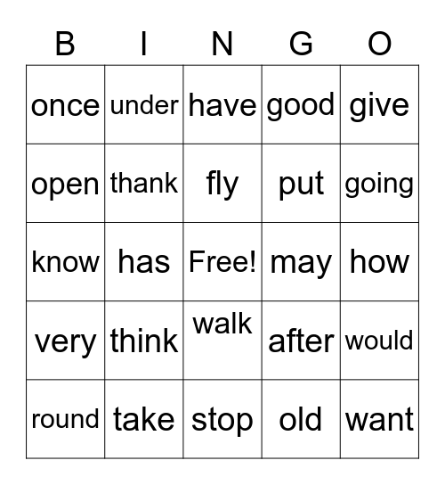 Sight Word Bingo Card