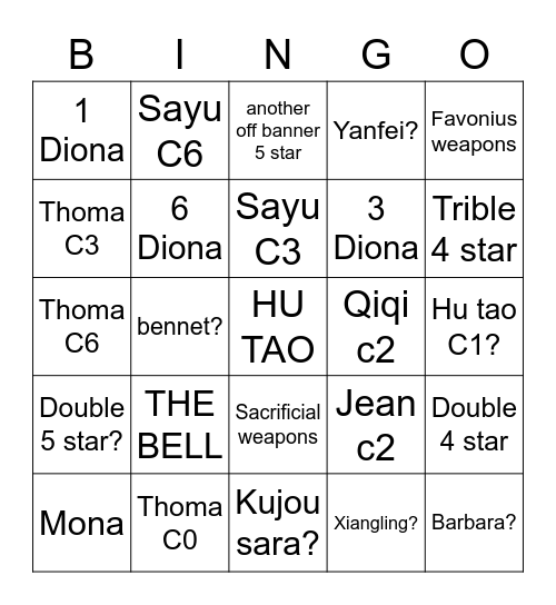 Hu tao rerun Bingo Card