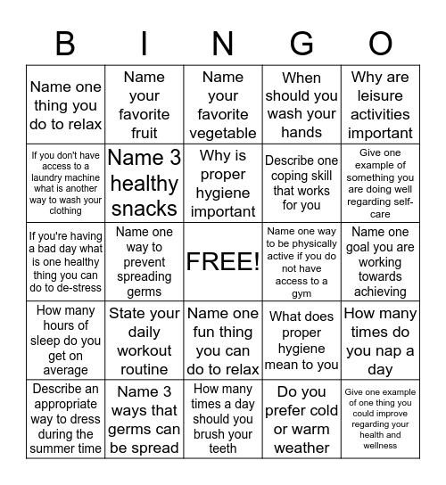 Health & Wellness Bingo Card