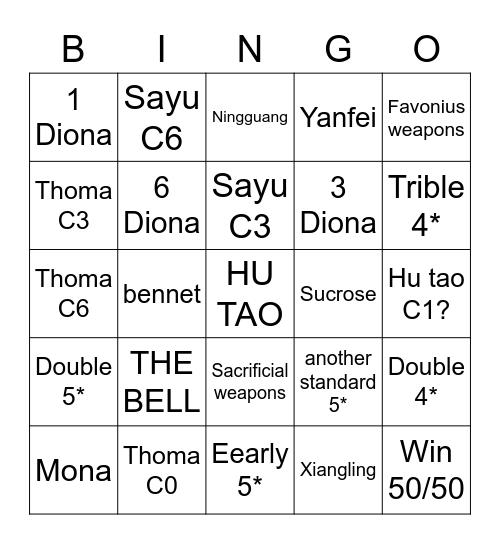 Hu tao rerun Bingo Card