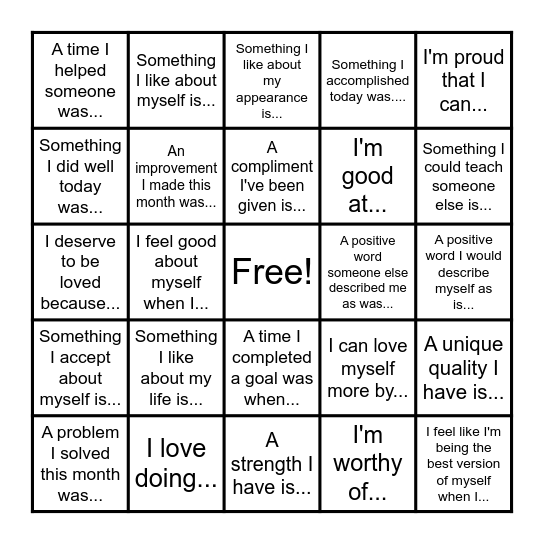 Positive Self Esteem Bingo Card