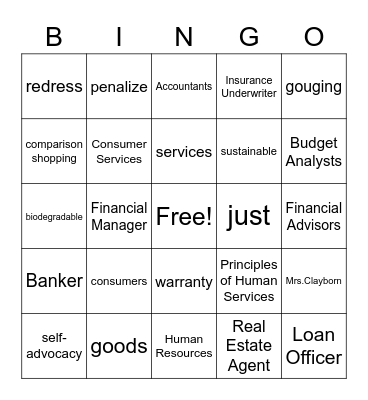 Vocabulary: Consumer Services Bingo Card