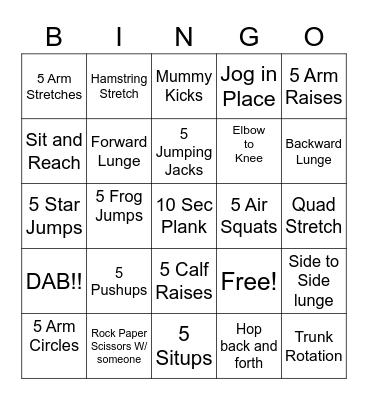 Fitness Bingo Card