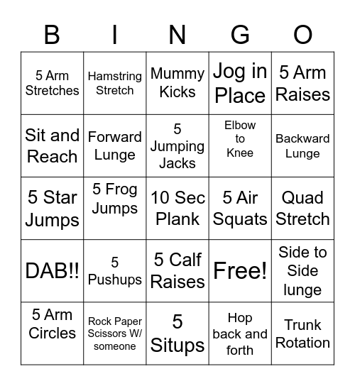 Fitness Bingo Card