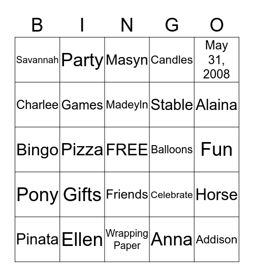 Happy Birthday, Charlee!! Bingo Card