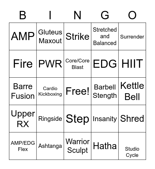 Group Fitness Bingo Card