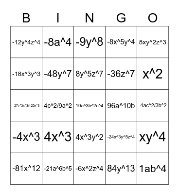 Multiplication/Division Monomial Bingo Card