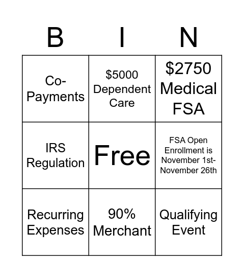 FSA Open Enrollment Bingo Card