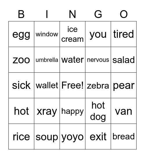 REVIEW WORDS & FOOD Bingo Card