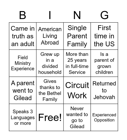Gilead Intro BINGO Card