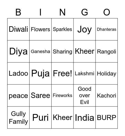 Diwali Bingo Card