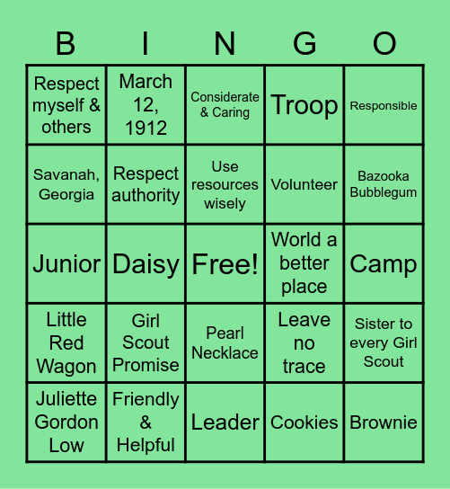 Girl Scout BINGO Card