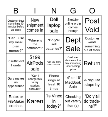 Computer Shop Bingo Card