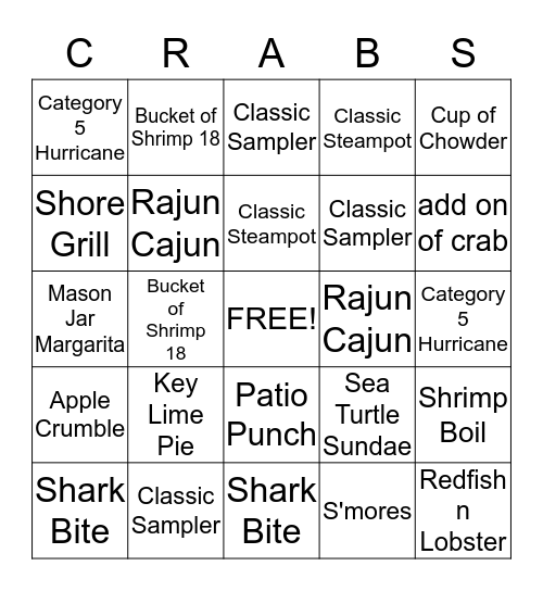 Crabby Bingo Card