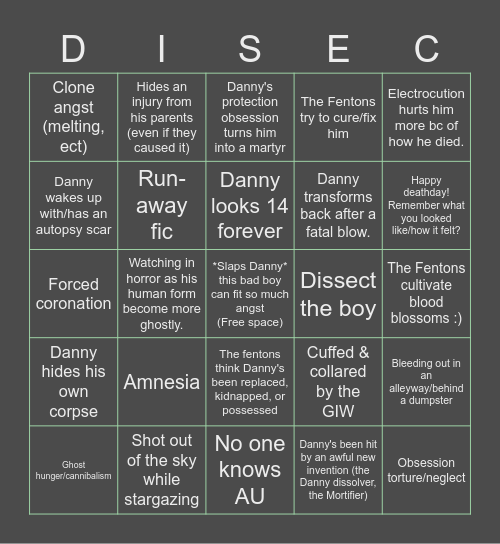 Dante DMC's Phandom Angst Bingo Card