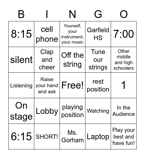 Concert bingo Card