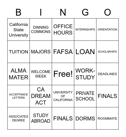 Senior Year Bingo Card