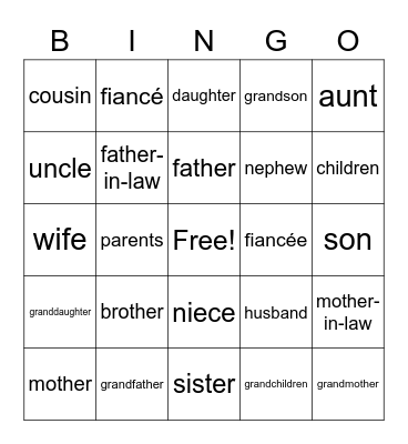 Family Words Bingo Card