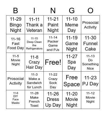 November 2021 Bingo Card