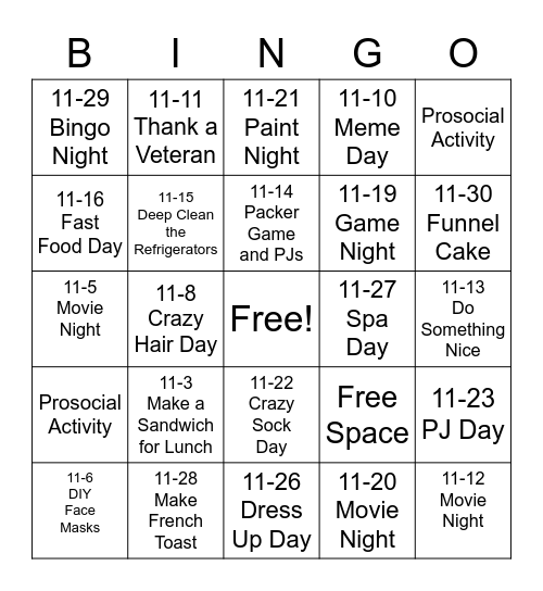 November 2021 Bingo Card
