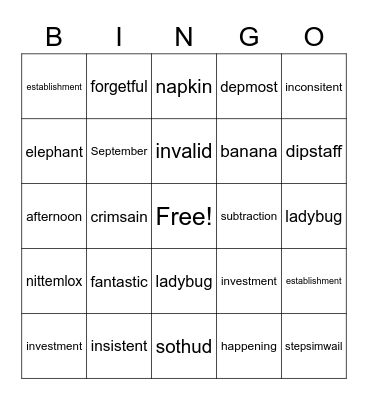 Multi-syllable words Bingo Card