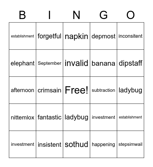 Multi-syllable words Bingo Card