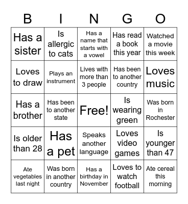Getting to Know You Bingo Card