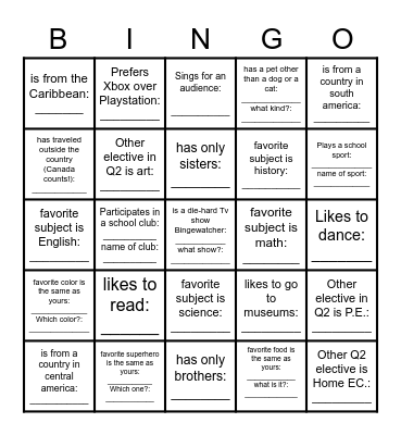 Ice Breaker Bingo! Find another classmate who... Bingo Card