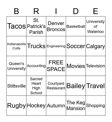 Bridal Bingo Card