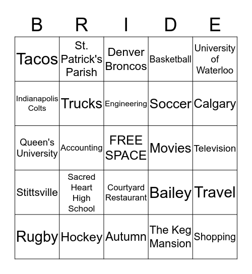 Bridal Bingo Card