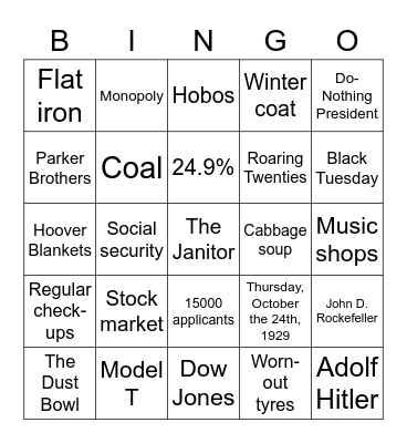 The Great Depression Bingo Card