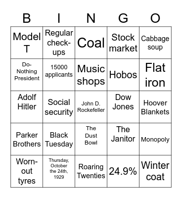 The Great Depression Bingo Card