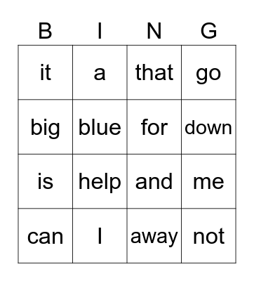 Sight Words Bingo Card