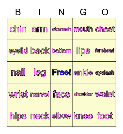 Parts of Body Bingo Card