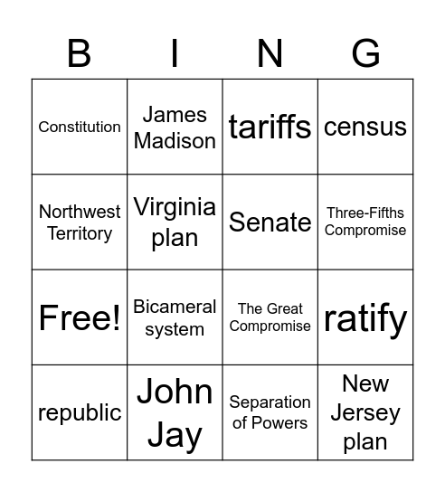 Confederation and Constitution Bingo Card