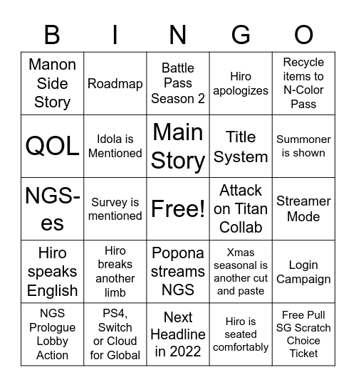 NGS Headline Bingo Card