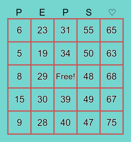 PEPS BINGO GAME Bingo Card