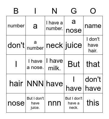 Starter A NNNnnn Bingo Card