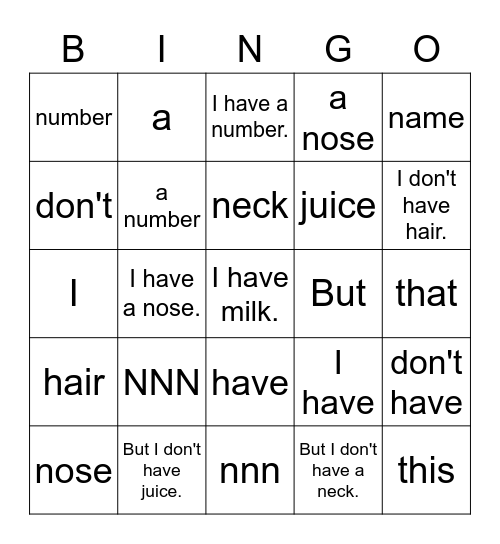 Starter A NNNnnn Bingo Card