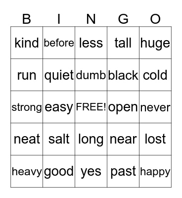 Opposites Bingo Card