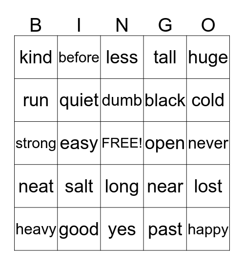 Opposites Bingo Card