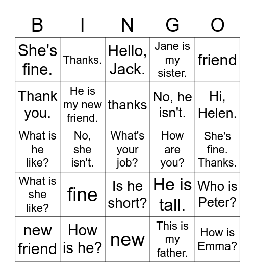 VanThink English 1A Lesson 10 Bingo Card