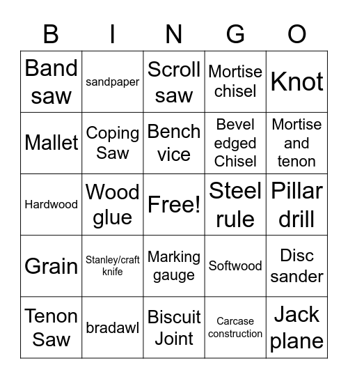 N5 Woodwork Bingo Card