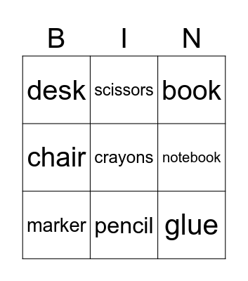 school supplies words Bingo Card
