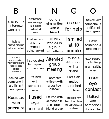 Social Awareness Bingo Card