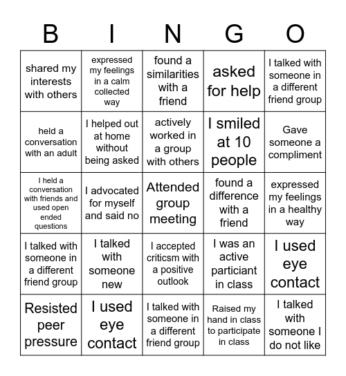 Social Awareness Bingo Card