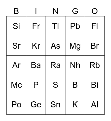 Periodic Table Bingo Card