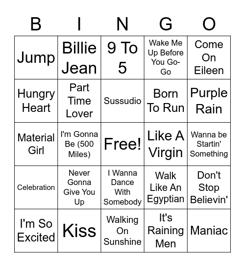 80s Cover All Bingo Card