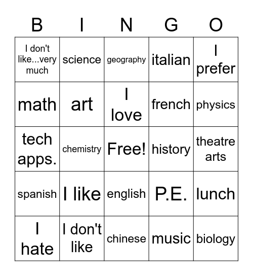 Preferences and Subjects 2 Bingo Card
